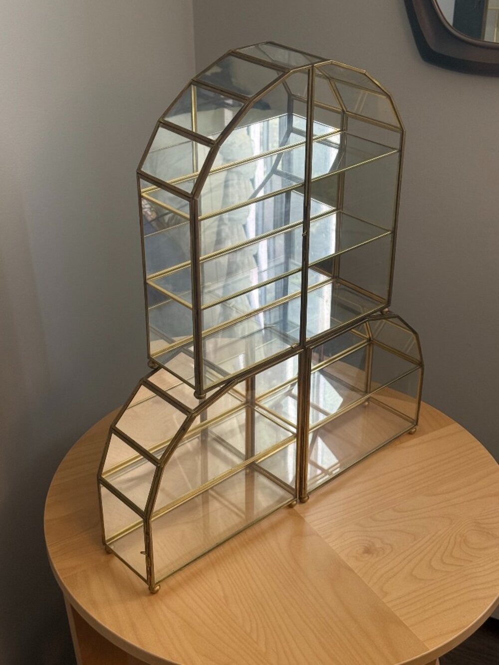 Set of 3 Vintage c1980's Arch Glass Brass Hanging Wall Trinket Curio Cabinets